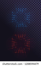 Blue and orange glowing square frames or lattice tunnels on a transparent background