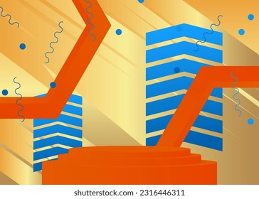 Blue, orange and gold product display. Mockup cylinder pedestal podium. Abstract stage showcase for presentation. Vector 3D minimal geometric forms, empty scene.