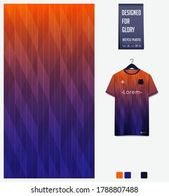 Blue Orange gradient and geometry shape abstract background. Fabric pattern design for soccer jersey, football kit, racing, e-sport, sport uniform. Front view t-shirt mockup template design. Vector.