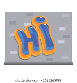 Blue and orange graffiti of the word hi on a brick wall, perfect for projects about street art and urban culture