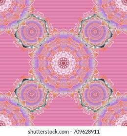 Blue, orange and gray damask paisley wallpaper. Seamless background, grunge style. Vector illustration.
