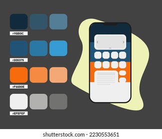 Blue orange gray mobile app color palette, RGB color codes for mobile application, cold colors catalog, design and edit idea, colour matching, harmonious colours palette sample for mobile phone app