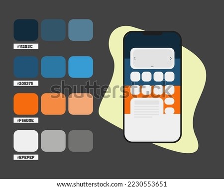 Blue orange gray mobile app color palette, RGB color codes for mobile application, cold colors catalog, design and edit idea, colour matching, harmonious colours palette sample for mobile phone app