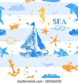 Blue and orange grunge stamp print sailboat, anchor, fishes, seagull on striped white background seamless pattern, vector