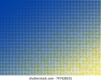 Blue and orange halftone dots. Colorful geometric gradient for pop art designs. Geometric vintage monochrome fade wallpaper. Pop art print. Dotted geometric retro pattern. Comic halftone background.