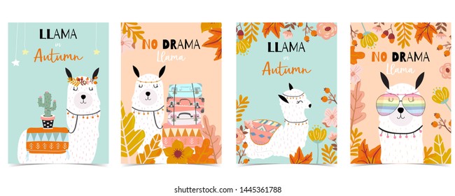 Blue orange hand drawn cute card with llama,cactus,glasses,flower.no drama llama