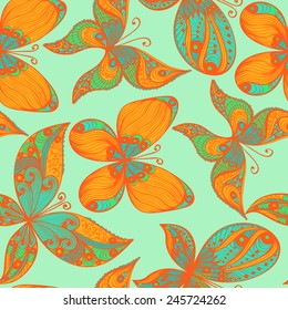 Blue and orange hand drawn seamless background with butterflies