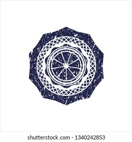 Blue orange icon inside distress rubber seal with grunge texture