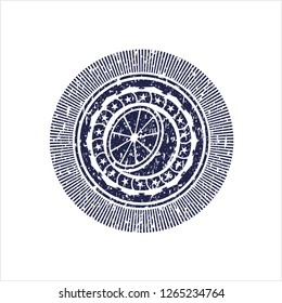 Blue orange icon inside rubber stamp with grunge texture