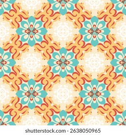 Blue and orange ikat seamless pattern with mandalas in retro style. Vector illustration. Ideal for printing onto fabric and paper or decorating curtains and tiles.