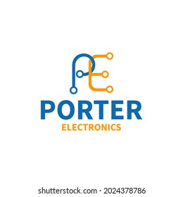 blue and orange initials P and E monogram logo design for electronics store