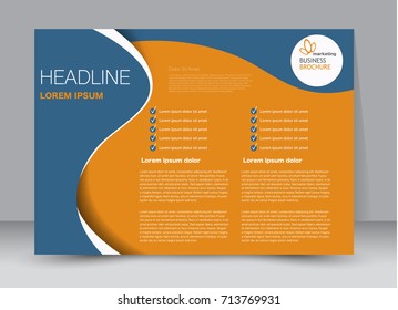 Blue and orange landscape wide flyer or brochure template. Billboard abstract background design. Business, education, presentation, advertisement concept. Vector illustration.
