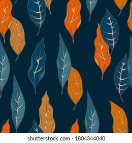 Blue and orange leaves seamless vector background