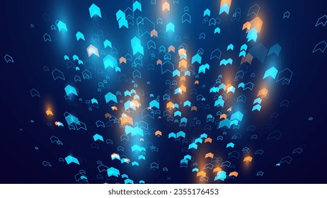 Blue and Orange Light Arrows Up on Dark Background. Digital Growth or Level Up Concept. Vector Illustration.
