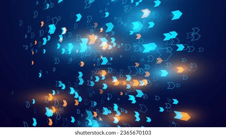 Blue and Orange Light Arrows on Dark Background. Digital Growth or Level Up Concept. Vector Illustration.