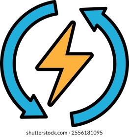 A blue and orange lightning bolt with two arrows pointing in opposite directions. Concept of energy and power, as well as the idea of movement