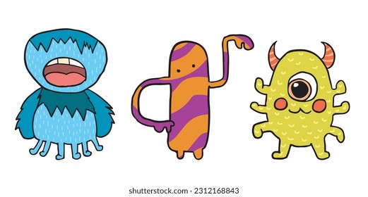 blue orange lime purple cartoon vector fantasy monster creature mascots set, cute mutant beast for kids isolated