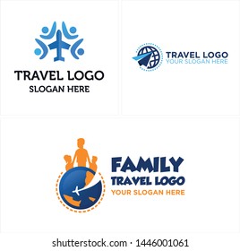 Blue orange line art logo design combine plane and globe with people suitable for travel hotel family holiday outdoor