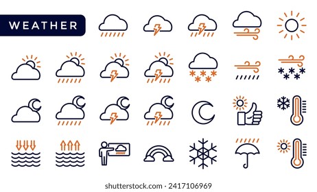 Blue and orange line Weather forecast icons set. Outline set of weather forecast vector icons for web design