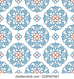 Blue and orange luxury vector seamless pattern. Ornament, Traditional, Ethnic, Arabic, Turkish, Indian motifs. Great for fabric and textile, wallpaper, packaging design or any desired idea. 