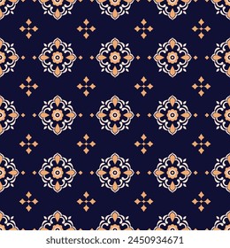 Blue and orange luxury vector seamless pattern. Ornament, Traditional, Ethnic, Arabic, Turkish, Indian motifs. Great for fabric and textile, wallpaper, packaging design or any desired idea.