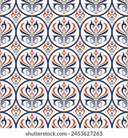 Blue and orange luxury vector seamless pattern. Ornament, Traditional, Ethnic, Arabic, Turkish, Indian motifs. Great for fabric and textile, wallpaper, packaging design or any desired idea.