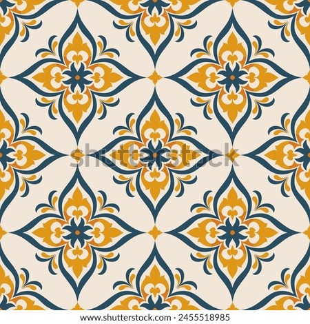 Blue and orange luxury vector seamless pattern. Ornament, Traditional, Ethnic, Arabic, Turkish, Indian motifs. Great for fabric and textile, wallpaper, packaging design or any desired idea.