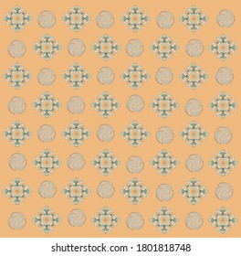 Blue and orange mandalas. Patterns on the gray background 