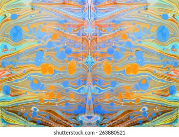 blue and orange marbled artwork ebru texture, exotic abstract background 