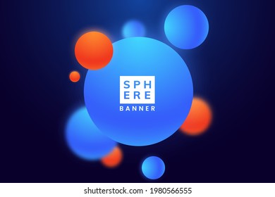 Blue and orange matte spheres isolated on dark. Abstract background with bright floating spheres. Simple banner design with colorful bubbles in 3d style. Vector illustration.