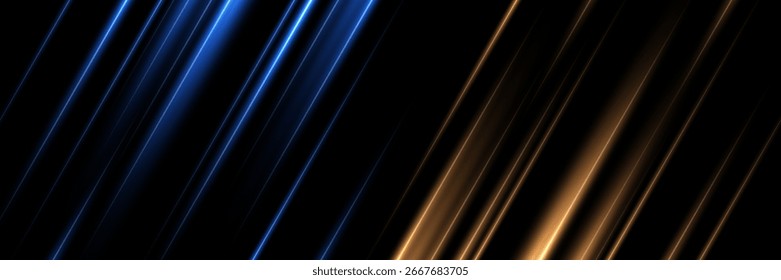 Feixes de luz azul e laranja neon diagonal no fundo preto. Linhas futuristas brilhantes com borrão de movimento e reflexões de gradiente. Vetor de fundo de energia abstrata de ficção científica.