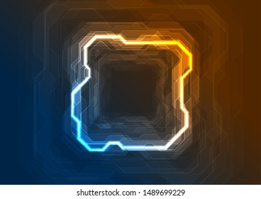 Blue And Orange Neon Geometric Lines Abstract Tech Background. Vector Glowing Sci-fi Design