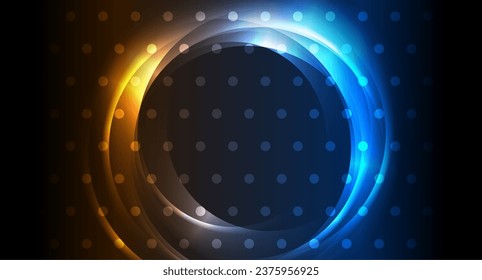 Blue and orange neon glowing glossy circles with dots abstract background. Vector futuristic design