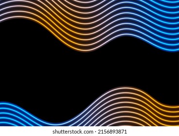 Blue and orange neon laser glowing curved wavy lines abstract background. Vector design