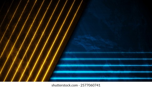 Blue and orange neon laser lines on grunge luminous wall background. Vector glowing futuristic design