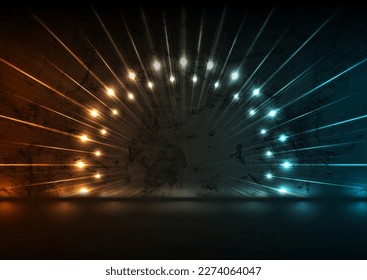 Blue orange neon laser rays abstract technology retro grunge background. Futuristic glowing graphic vector design