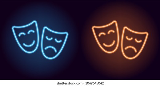 Blue and orange neon mask. Vector silhouette of neon theater masks consisting of outlines, with backlight on the dark background
