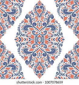 Color azul y naranja ornamental sin costuras. Elementos antiguos, paisley. Ornamento. Motivos tradicionales, étnicos, turcos e indios. Excelente para tejidos y tejidos, papel pintado, embalaje o cualquier idea deseada
