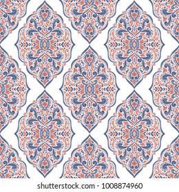Blue and orange ornamental seamless pattern. Vintage, paisley elements. Ornament. Traditional, Ethnic, Turkish, Indian motifs. Great for fabric and textile, wallpaper, packaging or any desired idea