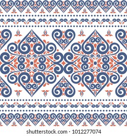 Blue and orange ornamental seamless pattern. Vintage, paisley elements. Ornament. Traditional, Ethnic, Turkish, Indian motifs. Great for fabric and textile, wallpaper, packaging or any desired idea