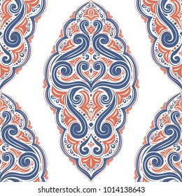 Blue and orange ornamental seamless pattern. Vintage, paisley elements. Ornament. Traditional, Ethnic, Turkish, Indian motifs. Great for fabric and textile, wallpaper, packaging or any desired idea