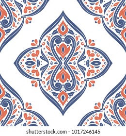 Blue and orange ornamental seamless pattern. Vintage, paisley elements. Ornament. Traditional, Ethnic, Turkish, Indian motifs. Great for fabric and textile, wallpaper, packaging or any desired idea