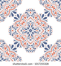 Blue and orange ornamental seamless pattern. Vintage, paisley elements. Ornament. Traditional, Ethnic, Turkish, Indian motifs. Great for fabric and textile, wallpaper, packaging or any desired idea