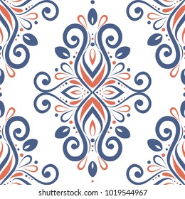 Blue and orange ornamental seamless pattern. Vintage, paisley elements. Ornament. Traditional, Ethnic, Turkish, Indian motifs. Great for fabric and textile, wallpaper, packaging or any desired idea