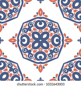 Blue and orange ornamental seamless pattern. Vintage, paisley elements. Ornament. Traditional, Ethnic, Turkish, Indian motifs. Great for fabric and textile, wallpaper, packaging or any desired idea. 