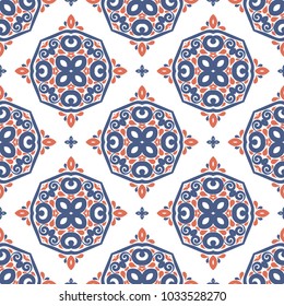 Blue and orange ornamental seamless pattern. Vintage, paisley elements. Ornament. Traditional, Ethnic, Turkish, Indian motifs. Great for fabric and textile, wallpaper, packaging or any desired idea. 