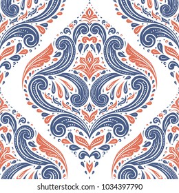 Blue and orange ornamental seamless pattern. Vintage, paisley elements. Ornament. Traditional, Ethnic, Turkish, Indian motifs. Great for fabric and textile, wallpaper, packaging or any desired idea. 