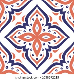 Blue and orange ornamental seamless pattern. Vintage, paisley elements. Ornament. Traditional, Ethnic, Turkish, Indian motifs. Great for fabric and textile, wallpaper, packaging or any desired idea. 