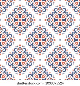 Blue and orange ornamental seamless pattern. Vintage, paisley elements. Ornament. Traditional, Ethnic, Turkish, Indian motifs. Great for fabric and textile, wallpaper, packaging or any desired idea. 