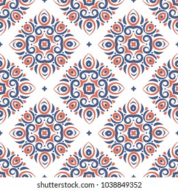 Blue and orange ornamental seamless pattern. Vintage, paisley elements. Ornament. Traditional, Ethnic, Turkish, Indian motifs. Great for fabric and textile, wallpaper, packaging or any desired idea. 